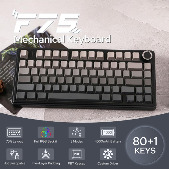 Aula F75 Pro Tri-Mode Wireless Gasket Mounted Mechanical Keyboard, Black Gradient |Reaper Switch